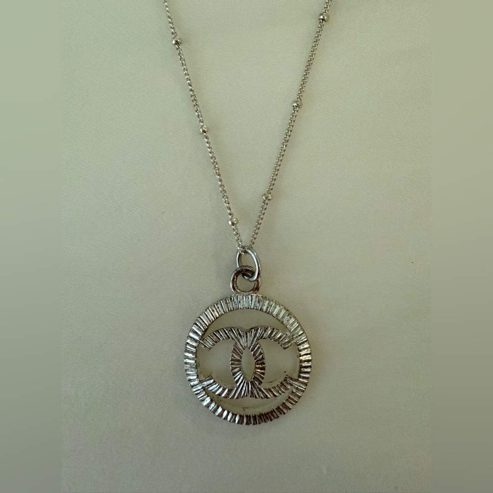 Round Silver With Ridges Double C Charm Necklace